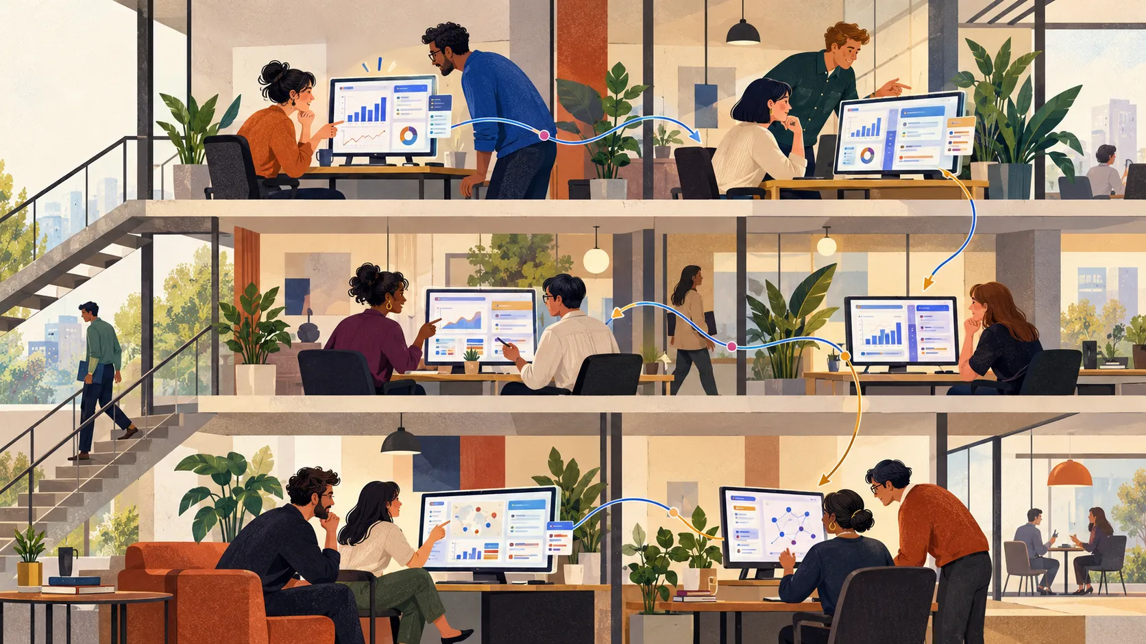 An illustrated office across three floors, with related dashboard designs travelling from desk to desk