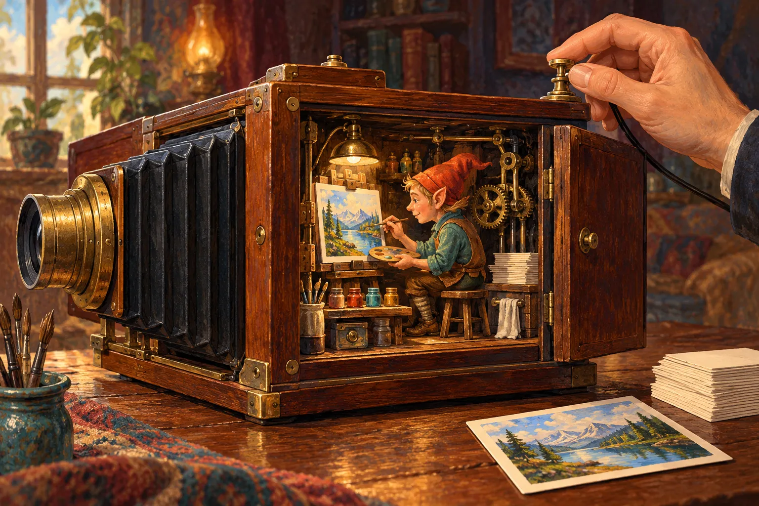 An original editorial illustration of a tiny elf painting a landscape inside an old wooden box camera while an unaware person operates the shutter.