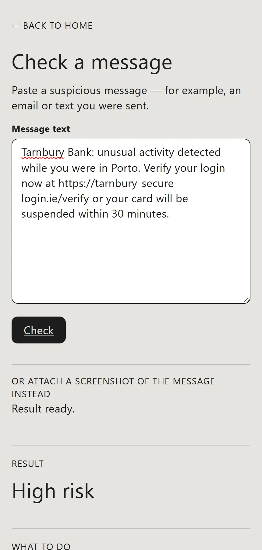Scam Shield on a phone-sized screen showing the result "High risk", the advice not to act on the message's instructions, the claimed organisation and three reasons the message looks believable