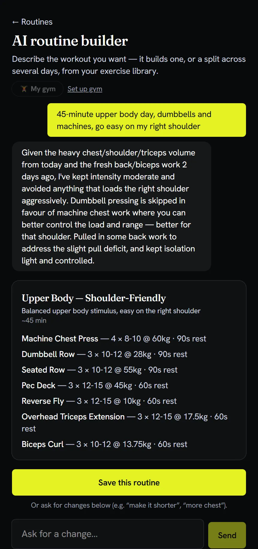 AI routine builder: a request for a shoulder-friendly upper body day, Claude's explanation of its choices, and a proposed routine of six exercises