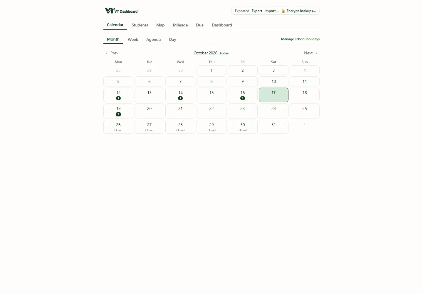 Monthly caseload calendar with invented pupil visits, communications and actions