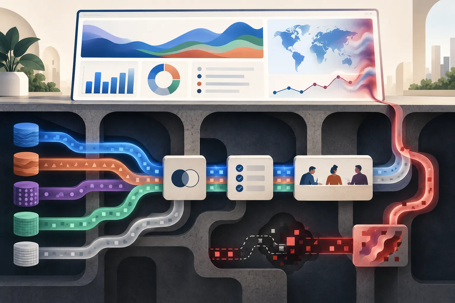 A polished dashboard above a network of data sources, checks and one distorted unchecked pathway