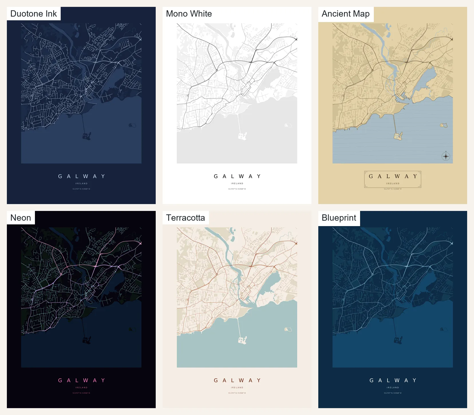 Six posters of Galway side by side: Duotone Ink, Mono White, Ancient Map, Neon, Terracotta and Blueprint