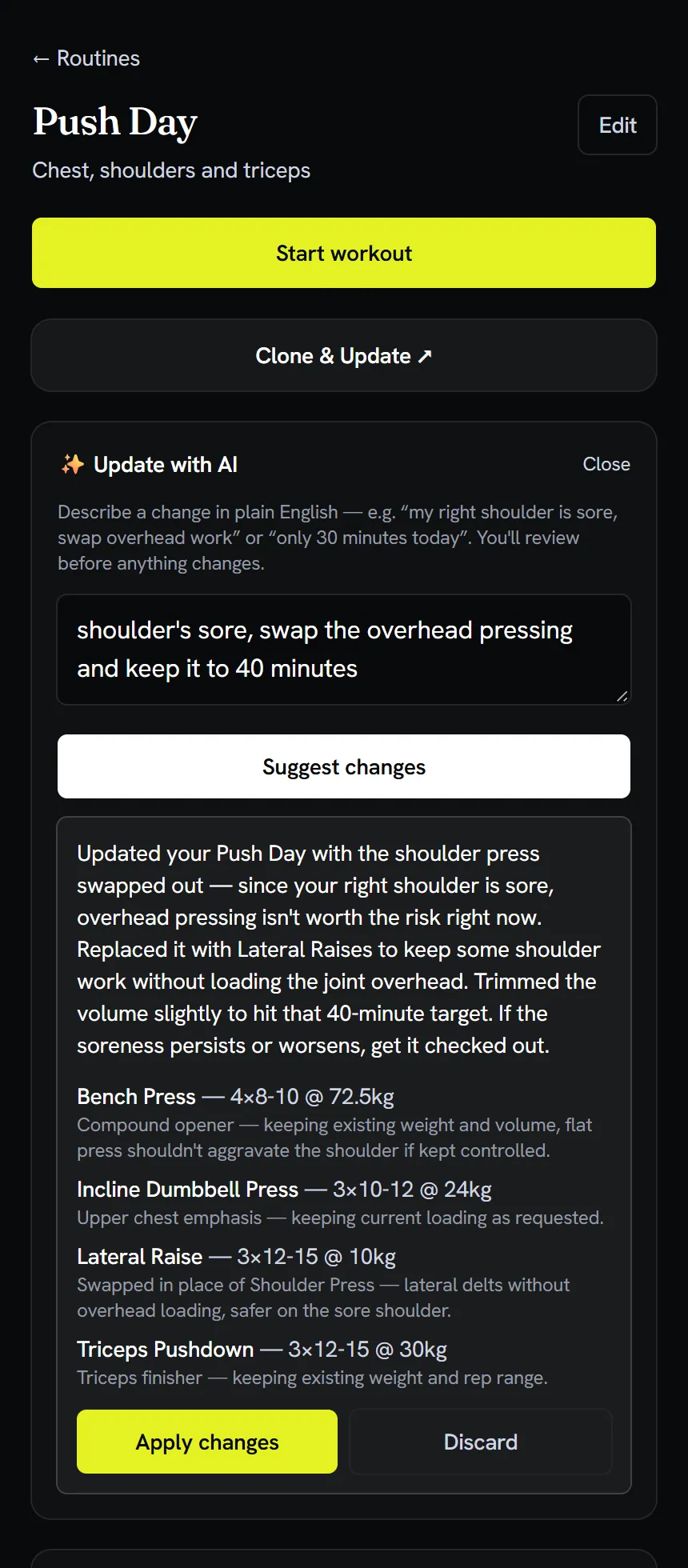 Update with AI on the Push Day routine: the request, Claude's explanation and a revised four-exercise routine with Apply changes and Discard buttons
