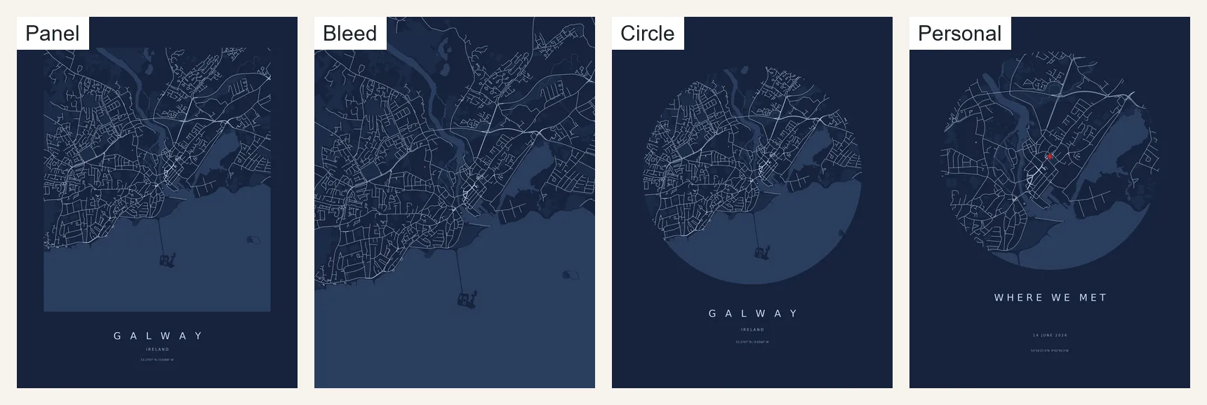 Four posters of Galway in Duotone Ink: Panel, Bleed, Circle and Personal, the last with a red pin and an invented personal headline