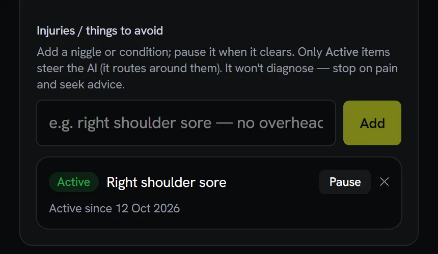 Settings injuries list showing one active item, Right shoulder sore, with Pause and delete controls