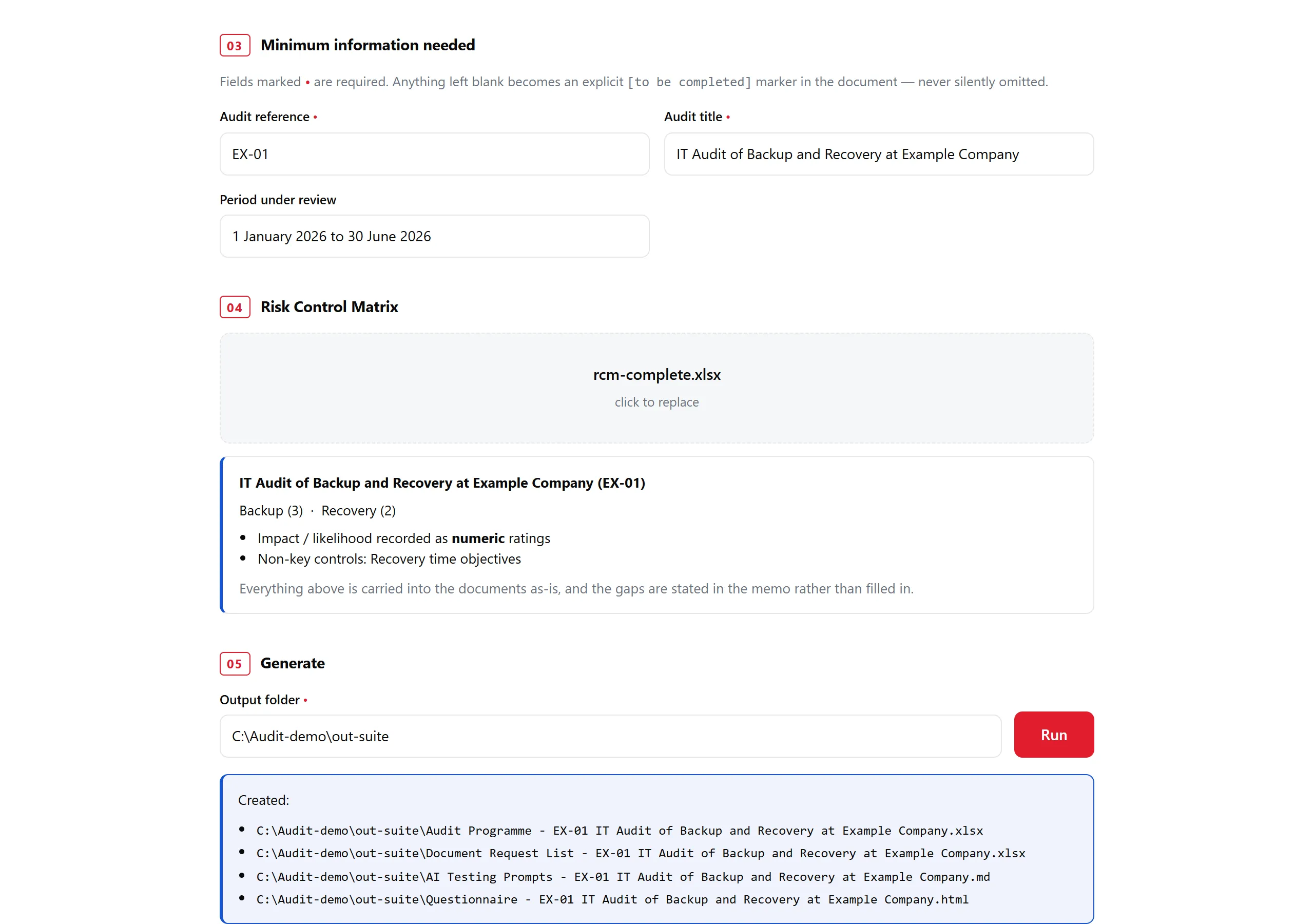 The Run button pressed: four generated files listed in the output folder