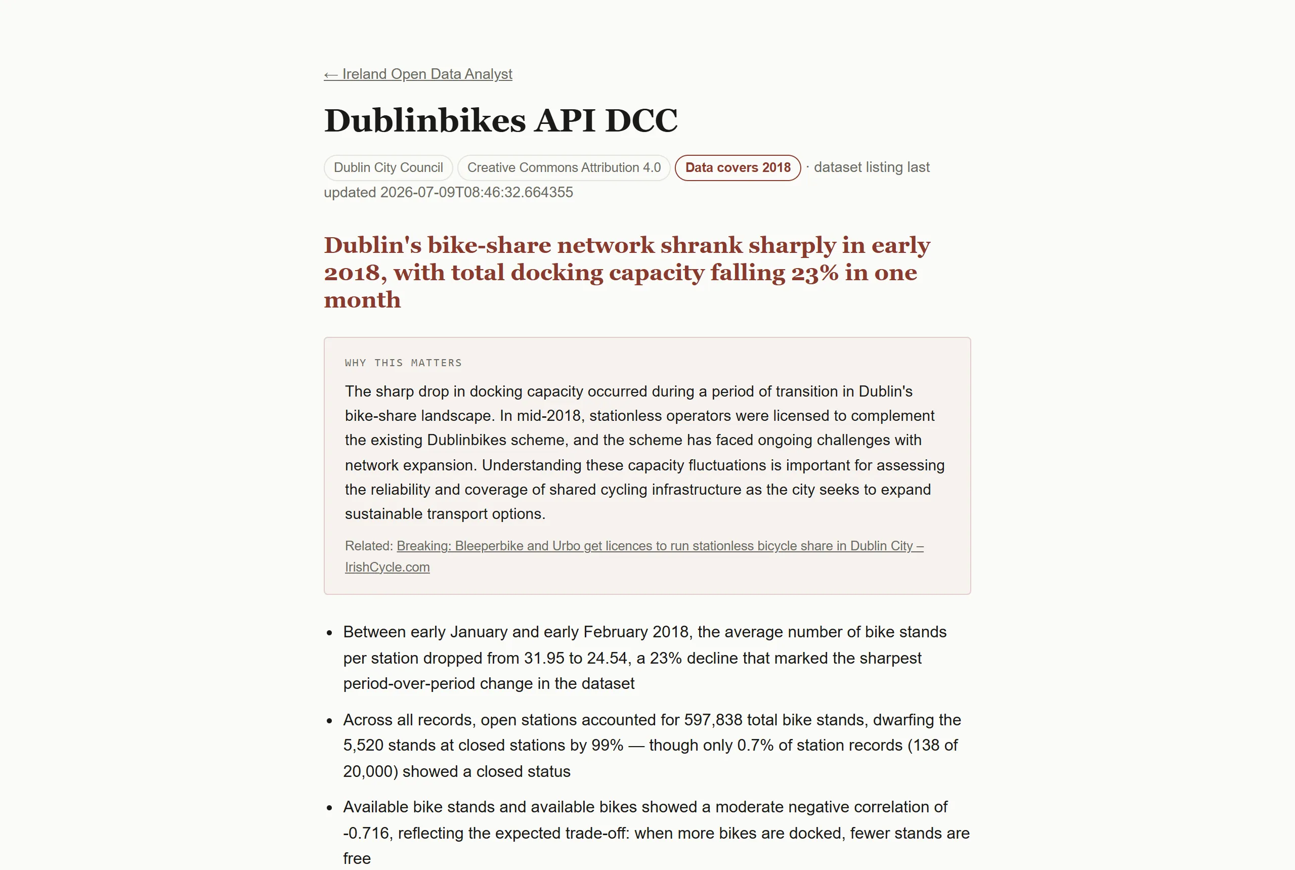 Top of the Dublinbikes report with a context note that cites a news story about stationless bike licences
