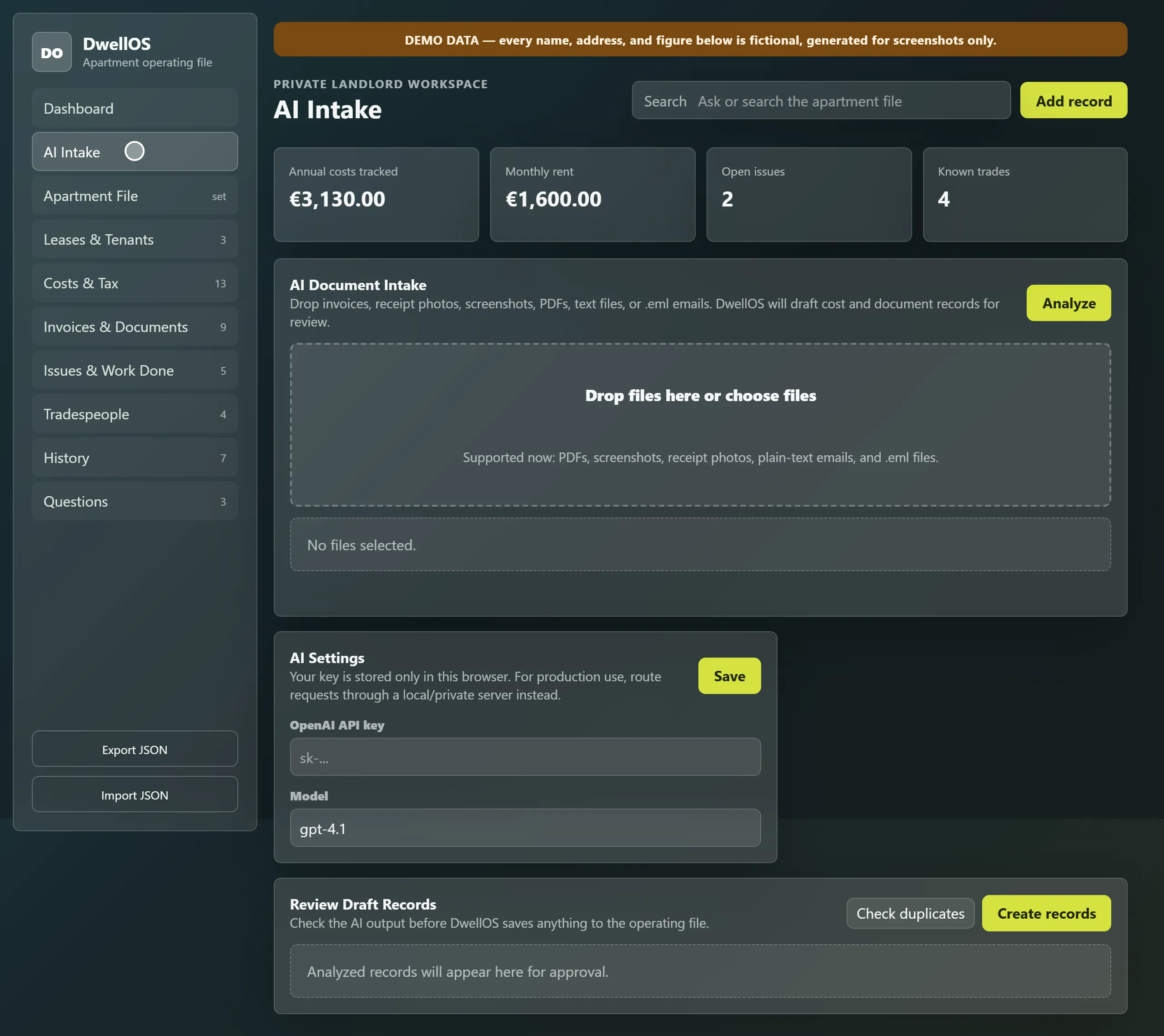 The AI Intake screen: a drop zone, an AI Settings box with an empty key field, and an empty Review Draft Records panel