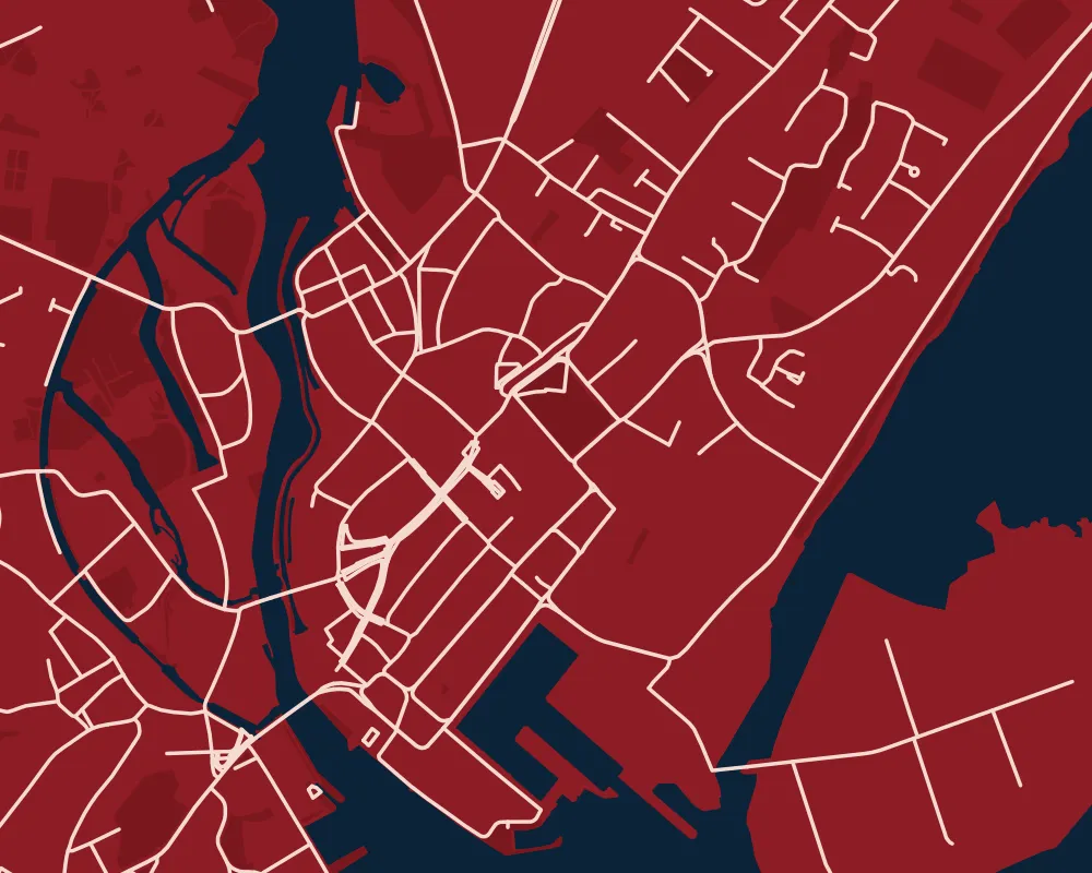 A native-resolution crop of the Galway proof showing the harbour: fine street lines, the quay and the sea edge in claret, blush and navy