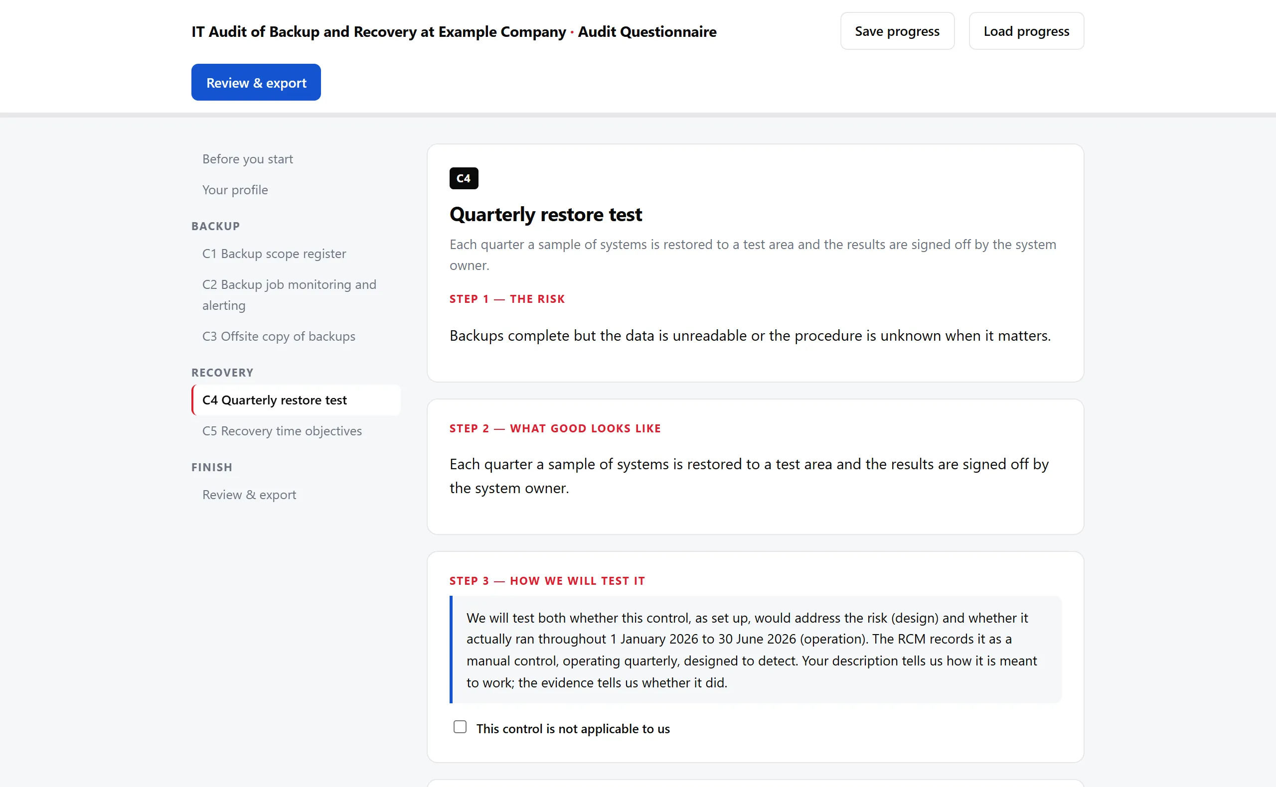 A page of the generated auditee questionnaire for the control "Quarterly restore test", showing the risk, what good looks like, how it will be tested and a not-applicable checkbox, on invented data
