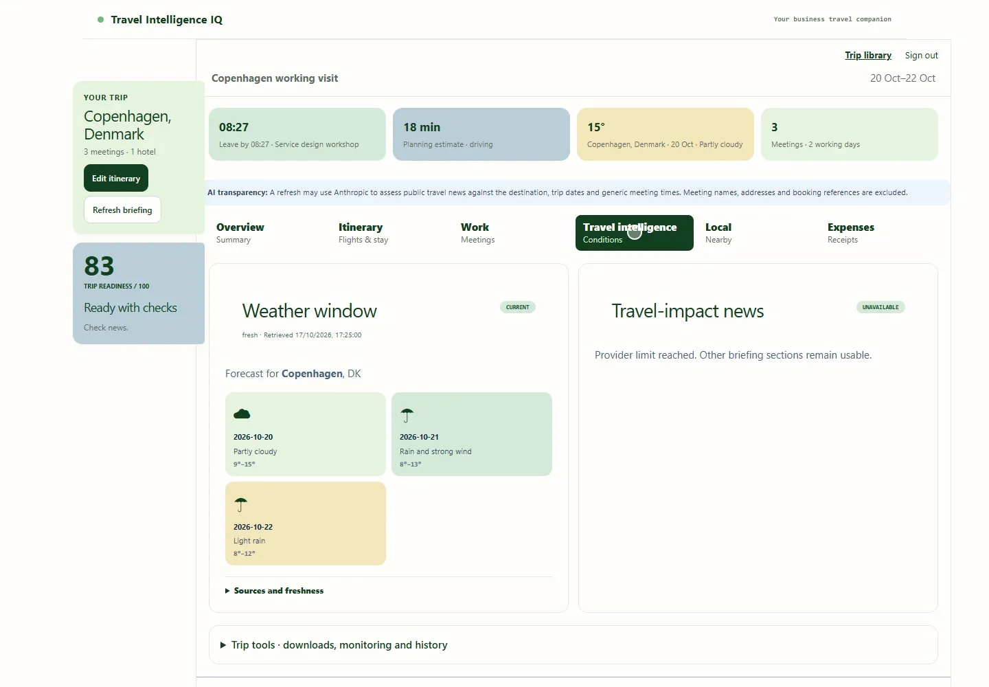 Weather forecast displayed beside an unavailable travel-impact news section