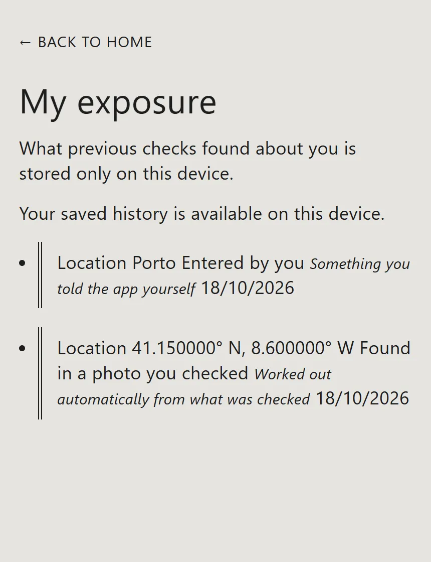 The My exposure screen listing a place-name record entered by the user and a coordinate record from a photo check