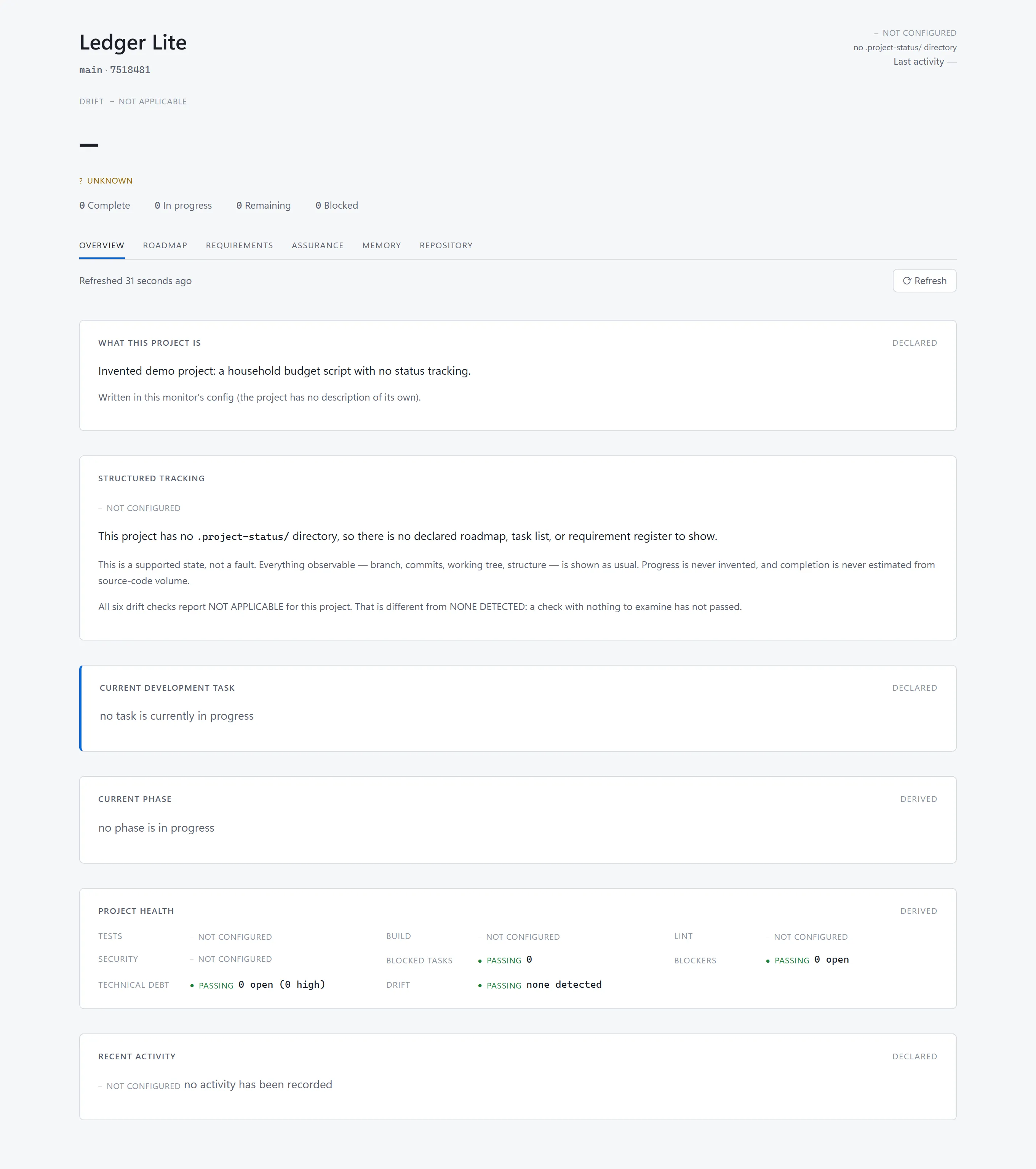 Ledger Lite overview: a project with no .project-status directory, shown as not configured with no invented progress figure