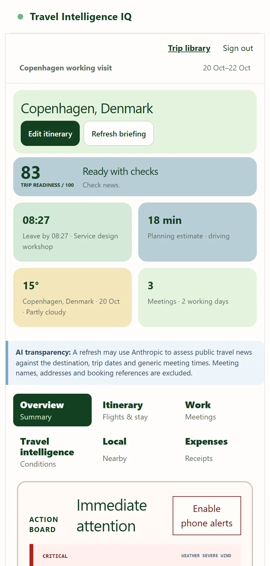 Mobile briefing showing the destination, readiness score, leave-by time, journey duration, forecast and meeting count