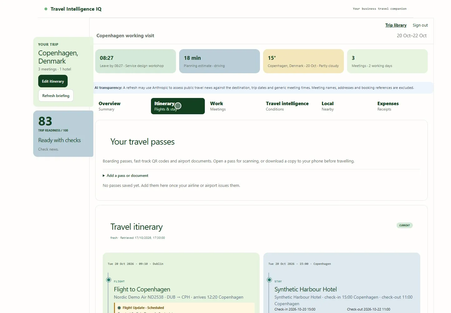 Travel itinerary showing a synthetic flight and hotel beside an empty private travel-pass wallet