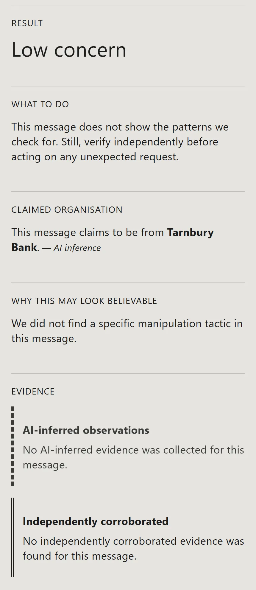 A Low concern result for an invented statement notification, with advice to verify independently before acting on any unexpected request