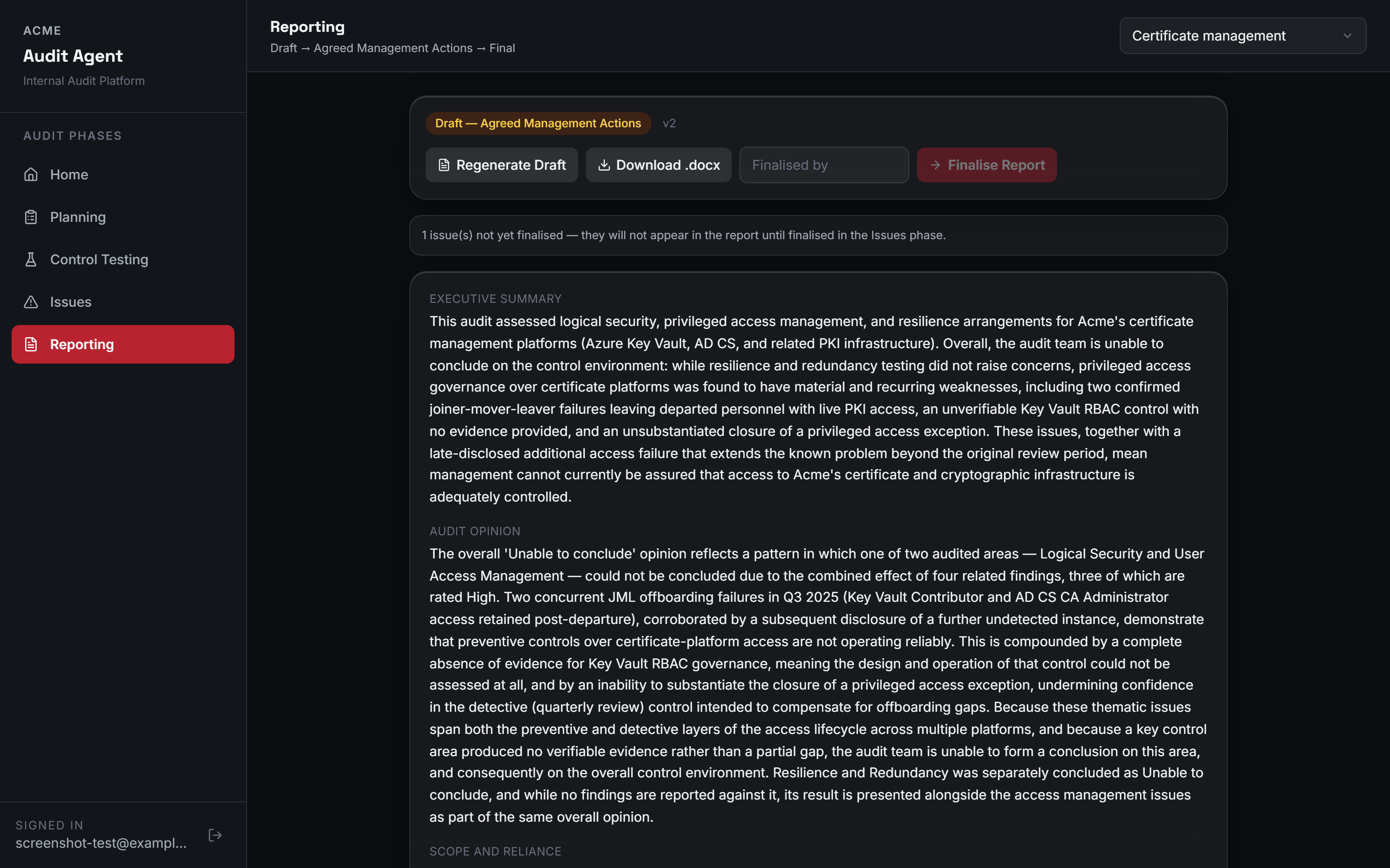 The Reporting screen's Draft to Final workflow, with the drafted report narrative.