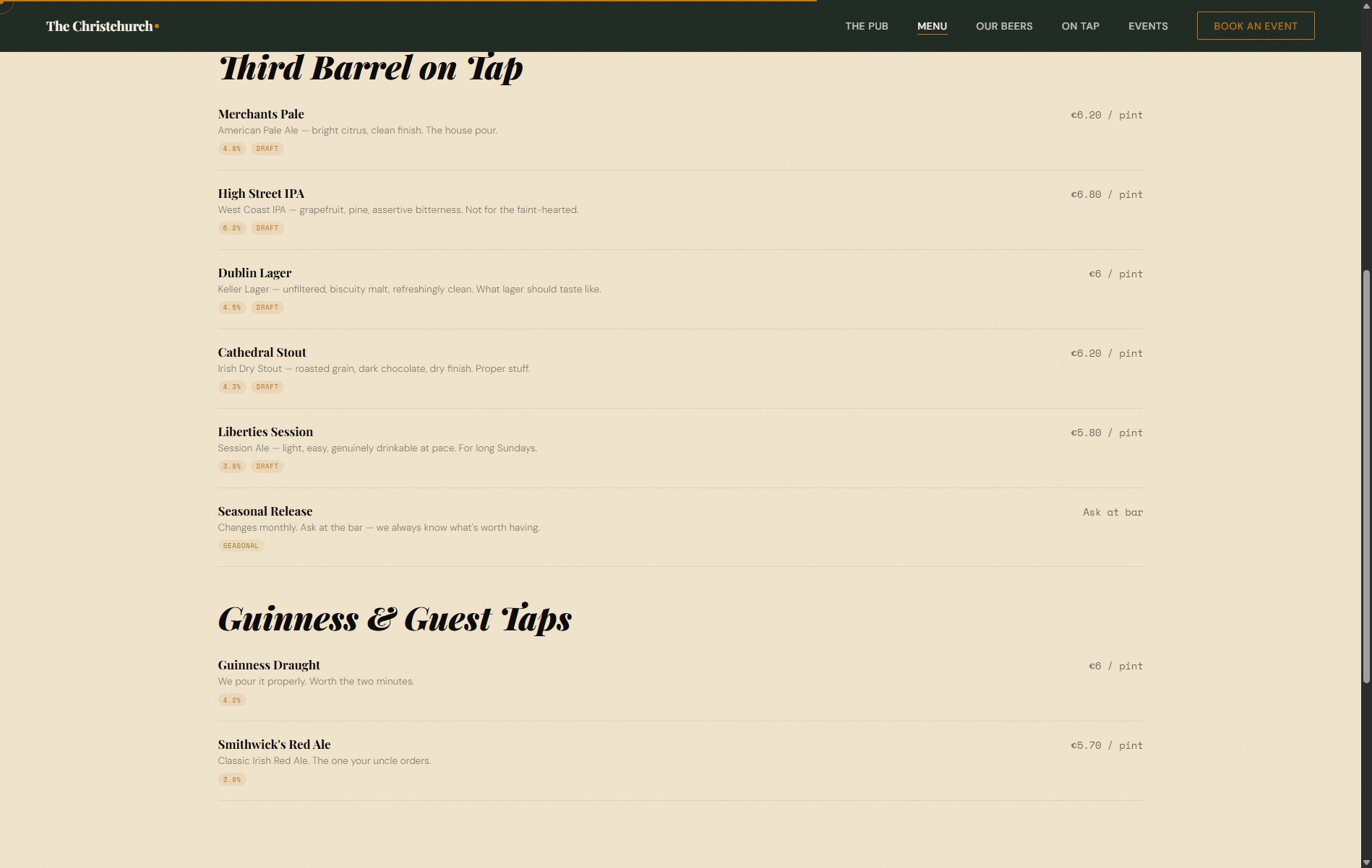 The Christchurch menu page on a cream background, listing draught beers such as Merchants Pale and High Street IPA with prices, plus a Guinness & Guest Taps section.