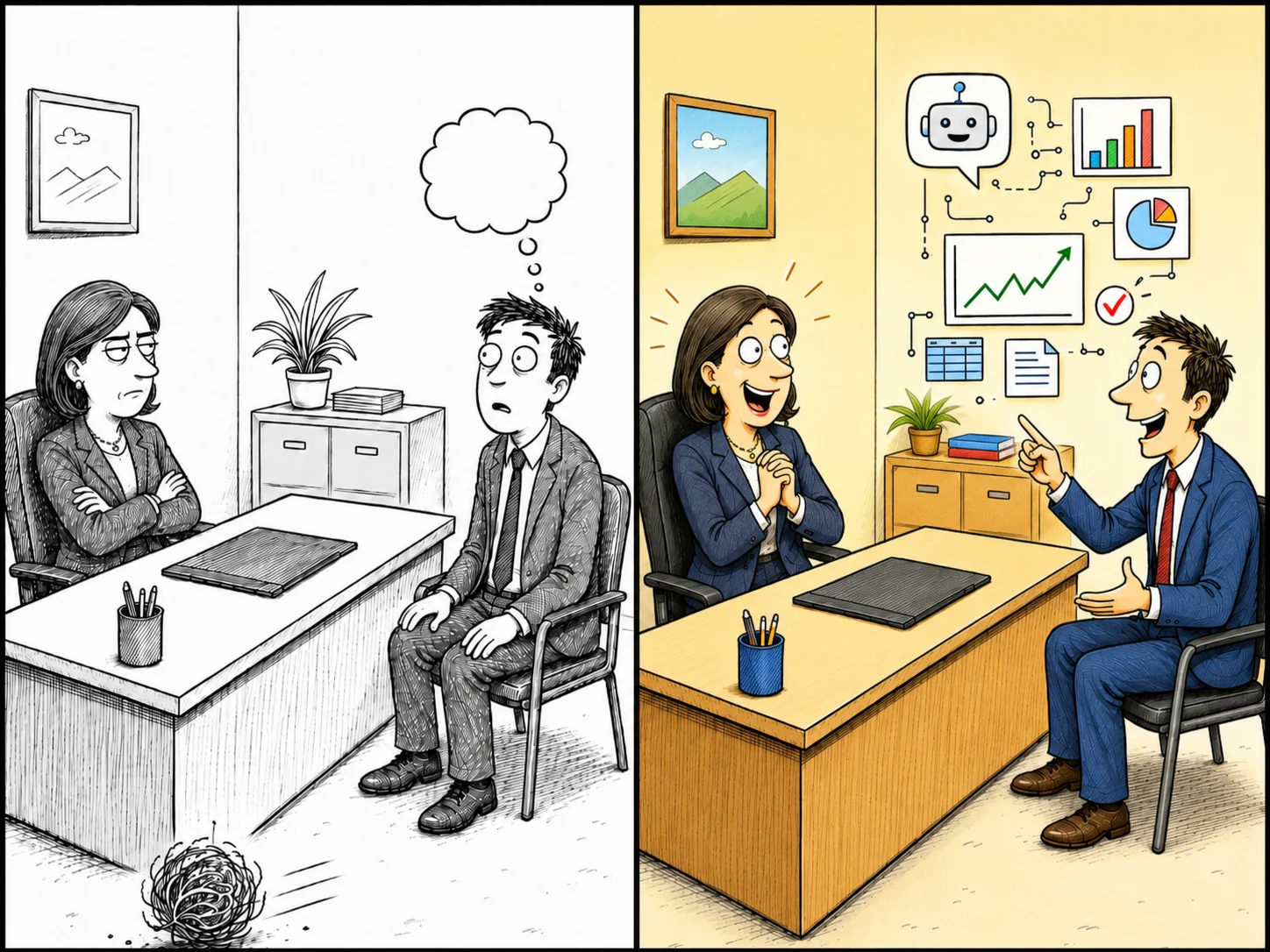 Two-panel cartoon: in the first panel a job candidate stares blankly into the distance when asked how they've used AI, with a tumbleweed rolling past; in the second panel the same candidate leans in confidently pointing at dashboard charts while the interviewer sits up, delighted.