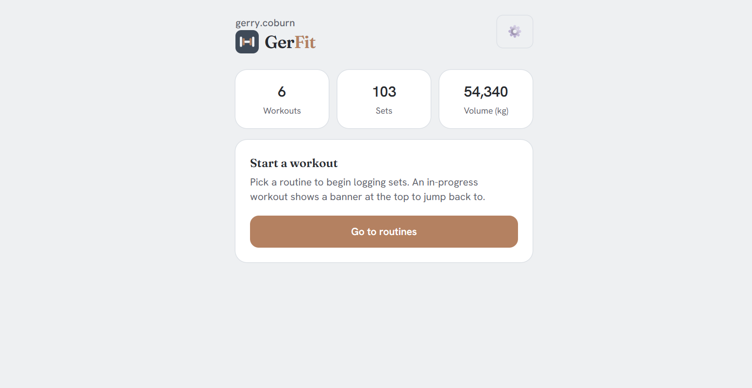The GerFit home screen, showing workout, set, and total-volume counters and a "Start a workout" panel.