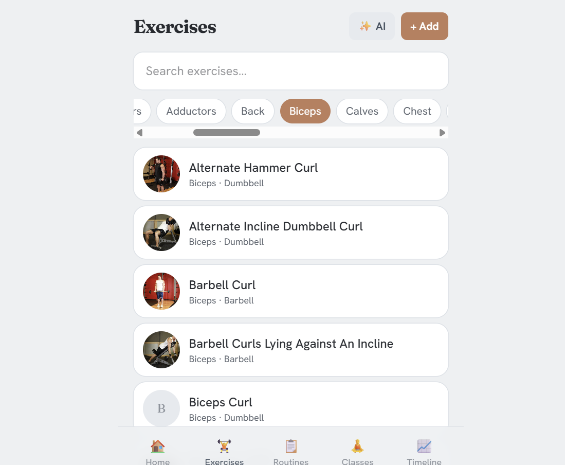 The exercise library, filterable by muscle group, with a thumbnail photo per movement.