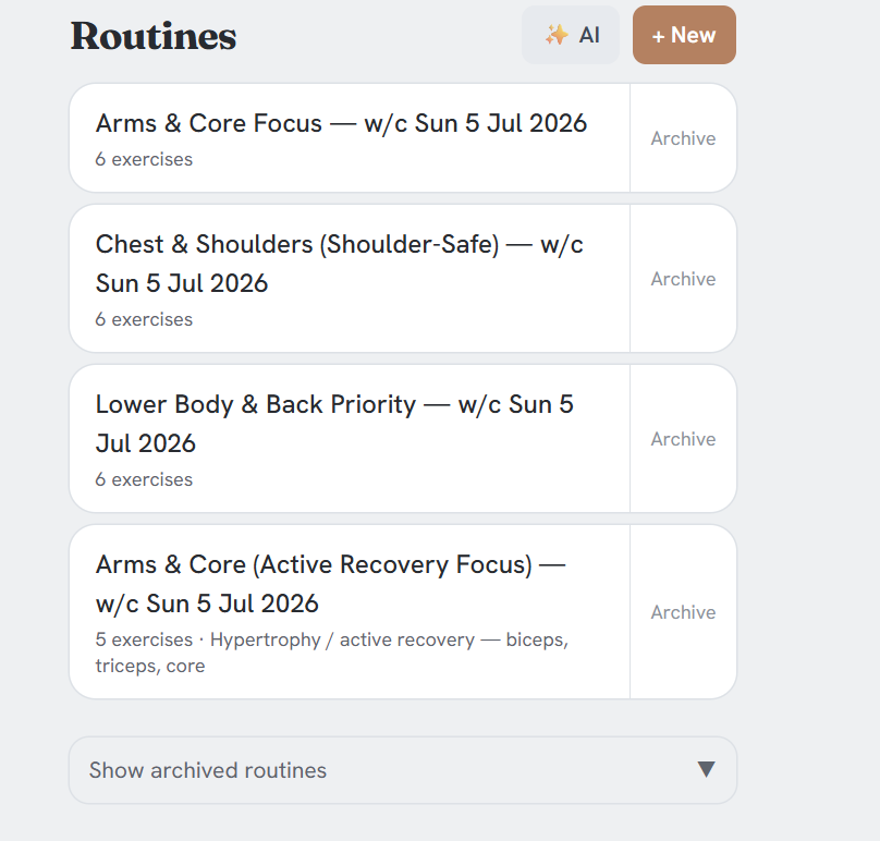 A list of generated routines, each named for its focus and the training week it belongs to.