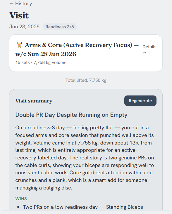 A single day's AI visit summary, with a written verdict on the session and a list of specific wins.