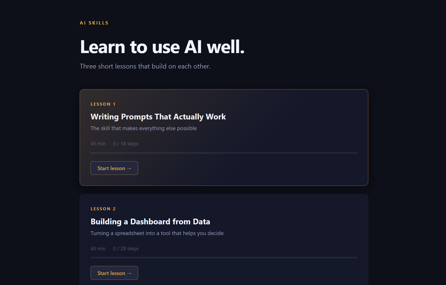 The course home screen: "Learn to use AI well," three lesson cards each showing a title, time estimate, step count, progress bar, and a Start lesson button.