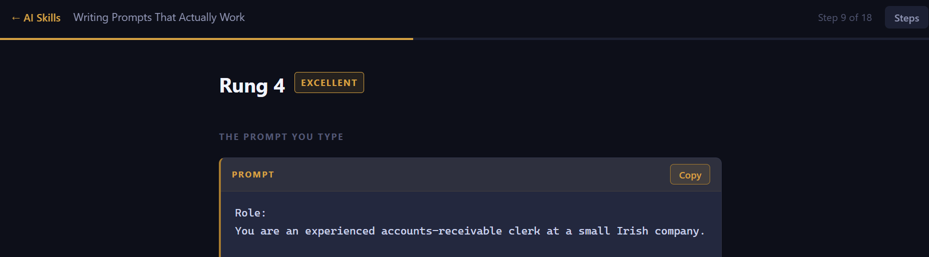 Rung 4, marked "Excellent," on the same task: a structured prompt with a defined role, and the far more specific output it produces.