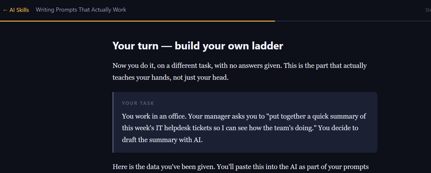 An exercise step introducing a hands-on task with a realistic office scenario and no answer provided.