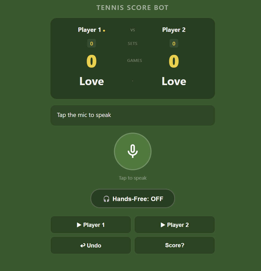The main scoreboard at the start of a match: two player labels, sets and games at zero, a "Love" point display, a large mic button with a hands-free toggle, and quick-action buttons for scoring, undo, and a score check.