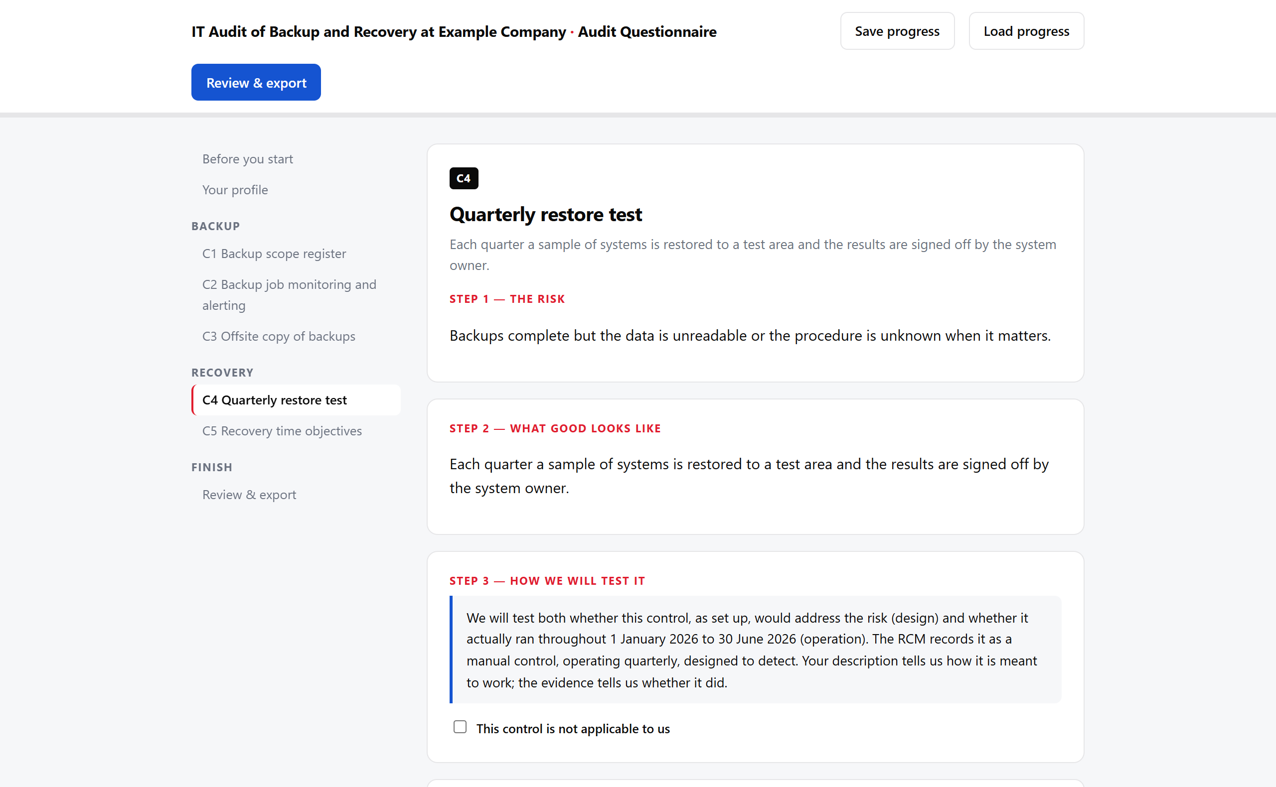 A page of the generated auditee questionnaire for the control "Quarterly restore test", showing the risk, what good looks like, how it will be tested and a not-applicable checkbox, on invented data