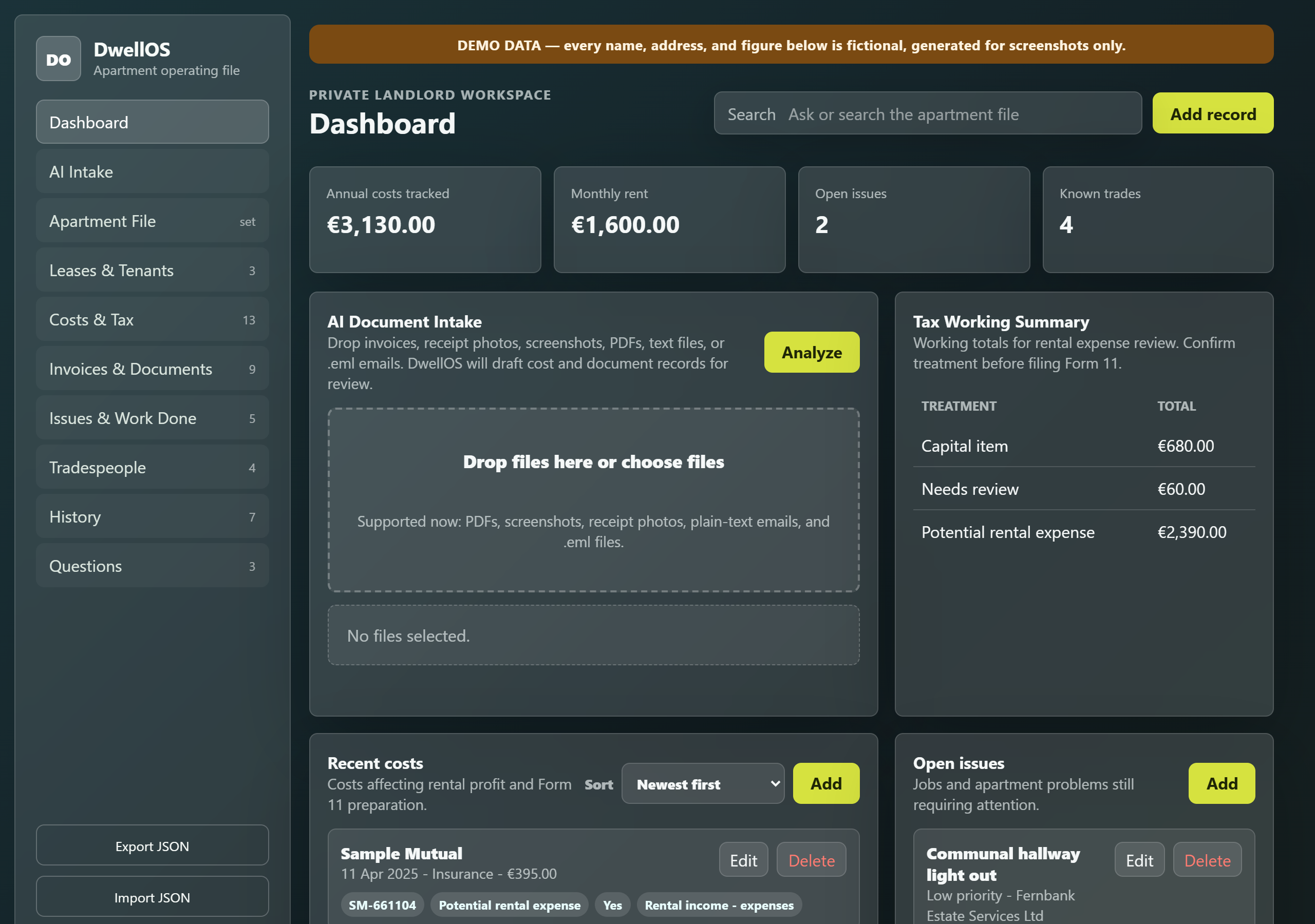 The DwellOS dashboard on invented data: four summary tiles, an AI Document Intake panel, a tax working summary, recent costs and open issues