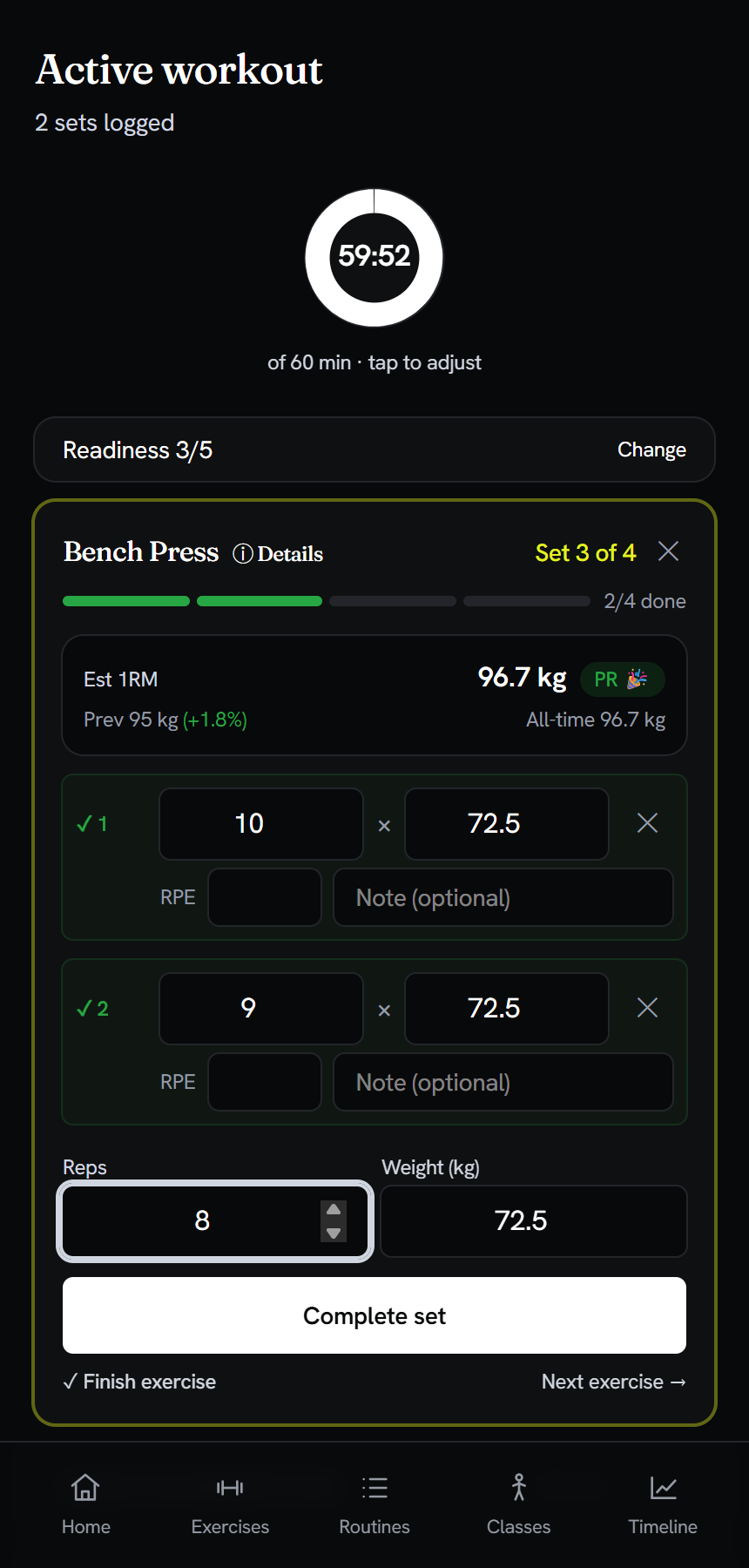 Active workout screen: Bench Press, set 3 of 4, with an estimated one-rep max of 96.7 kg and a PR badge